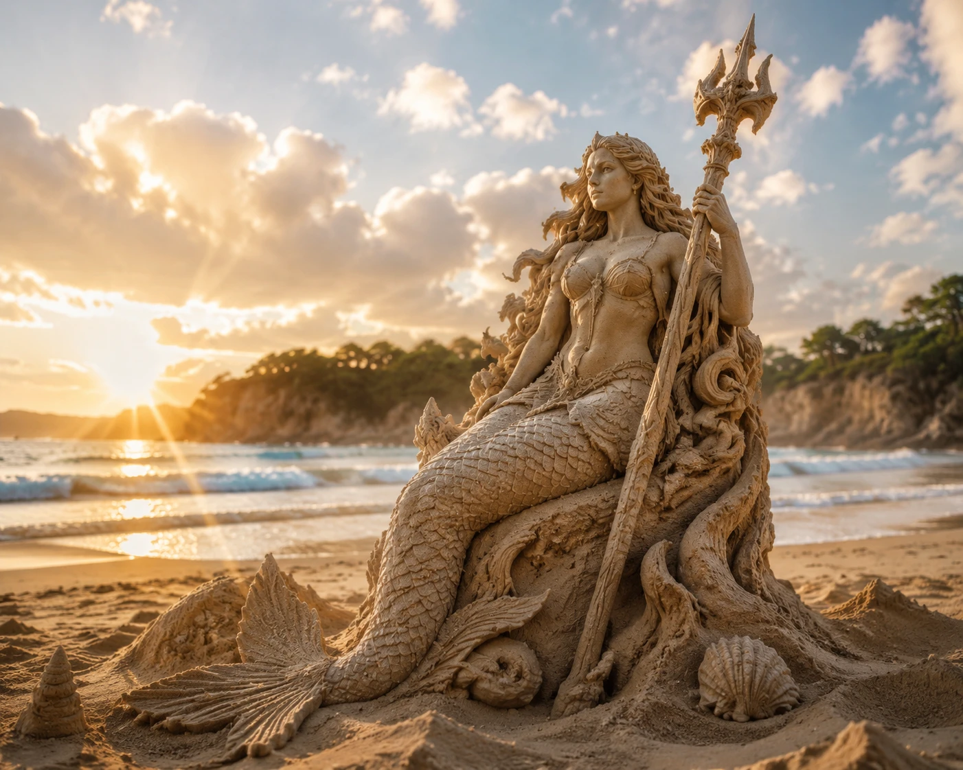 Scultura fotorealistica di sirena di sabbia su una spiaggia soleggiata
