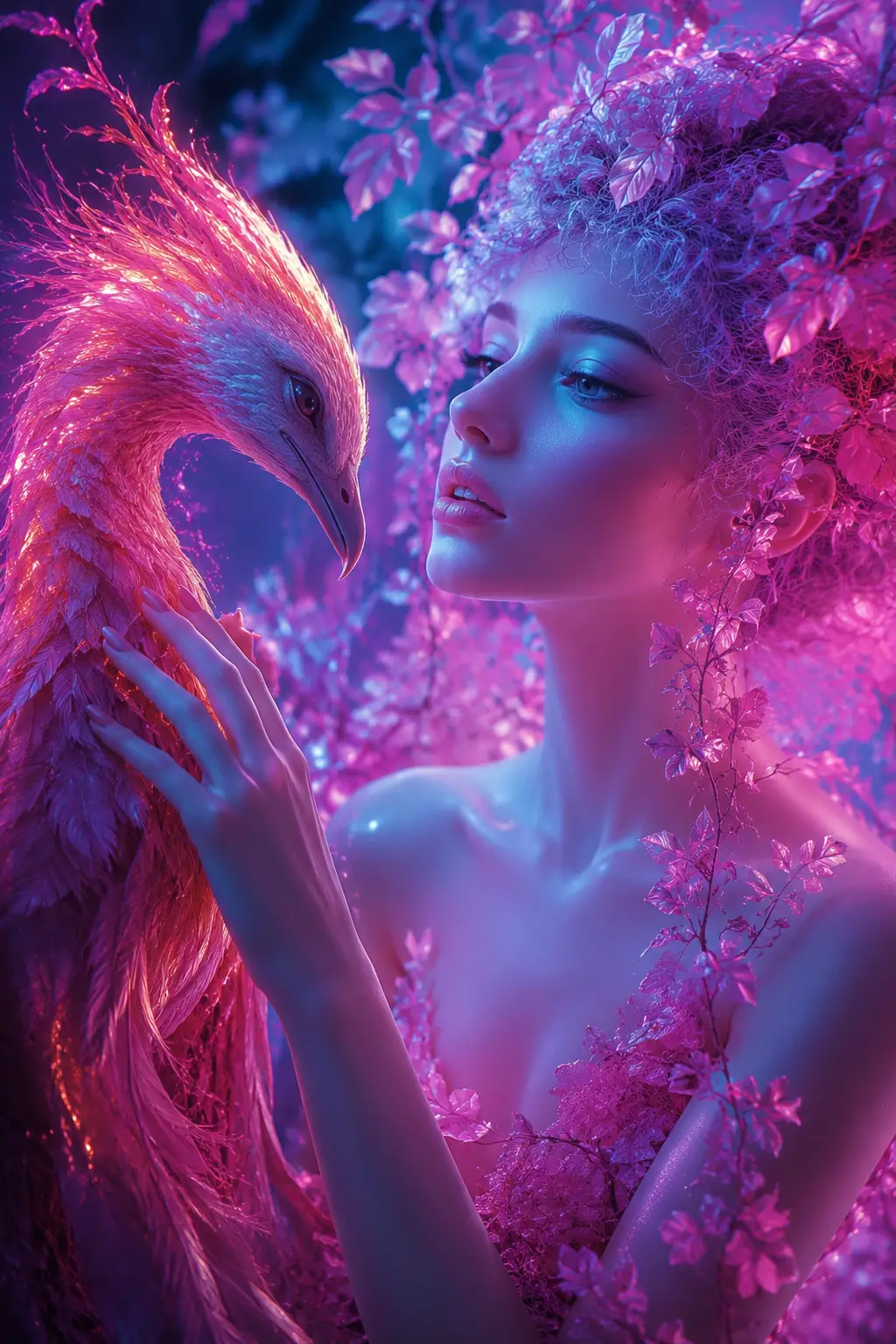 Elegant woman tending to a majestic fantasy phoenix