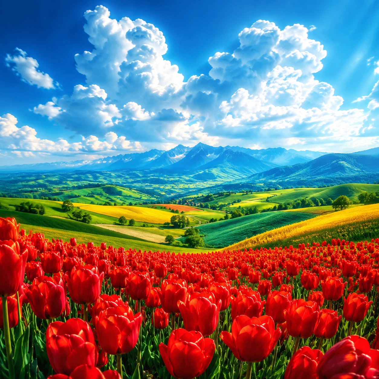 Weites Tulpenfeld und sanfte Hügel unter hellem Himmel