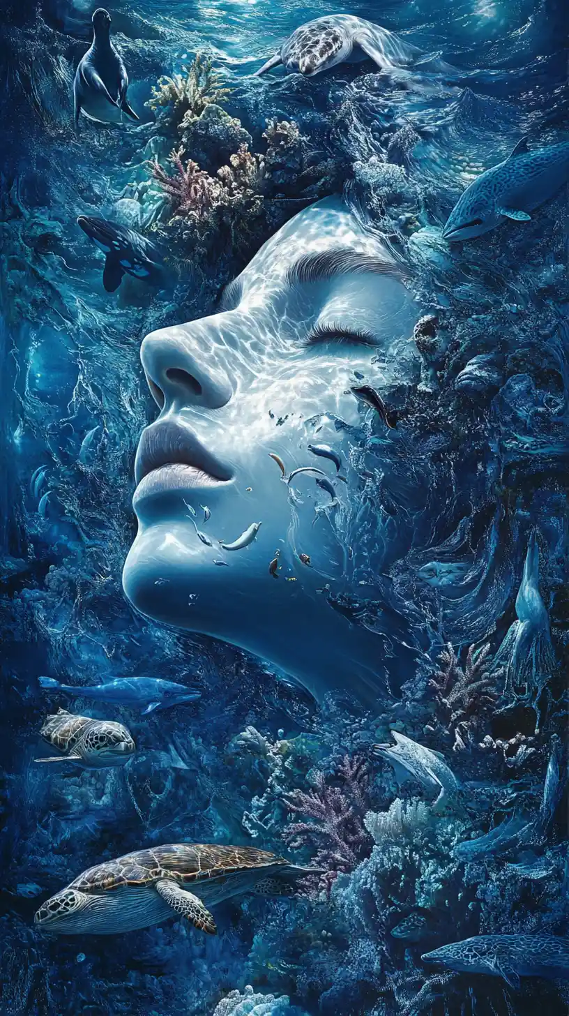 由海浪與海洋生物構成的夢幻海洋肖像