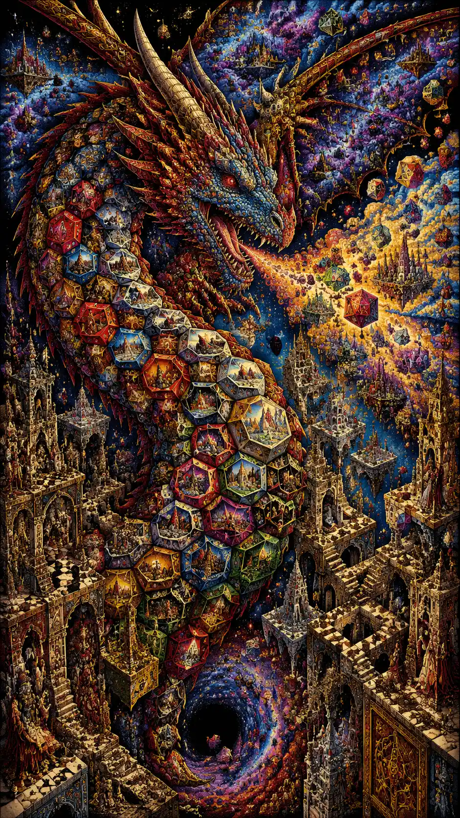 Gemstone scaled dragon in a surreal fantasy landscape