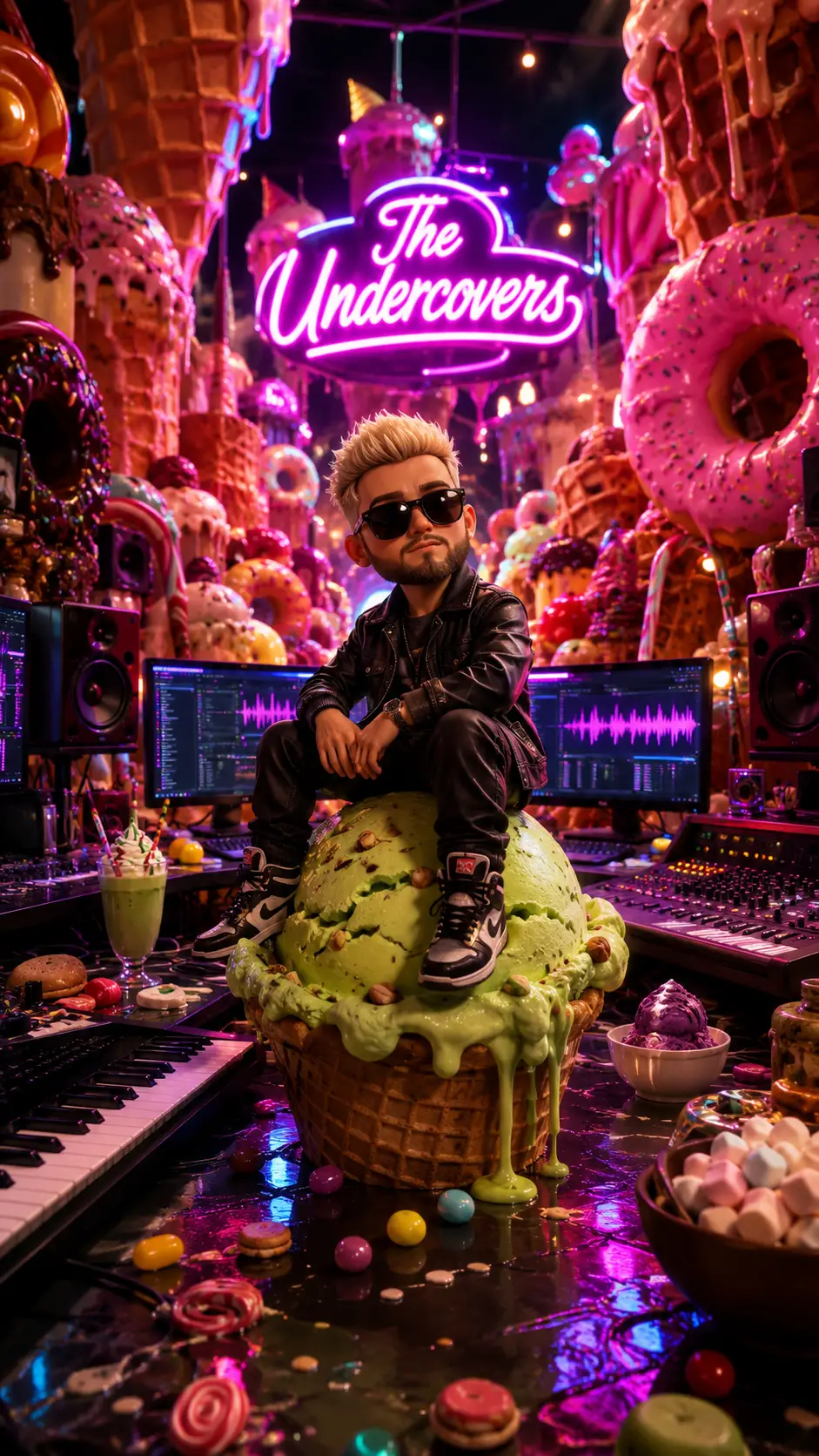 Homem em um sorvete gigante na cidade de doces em neon