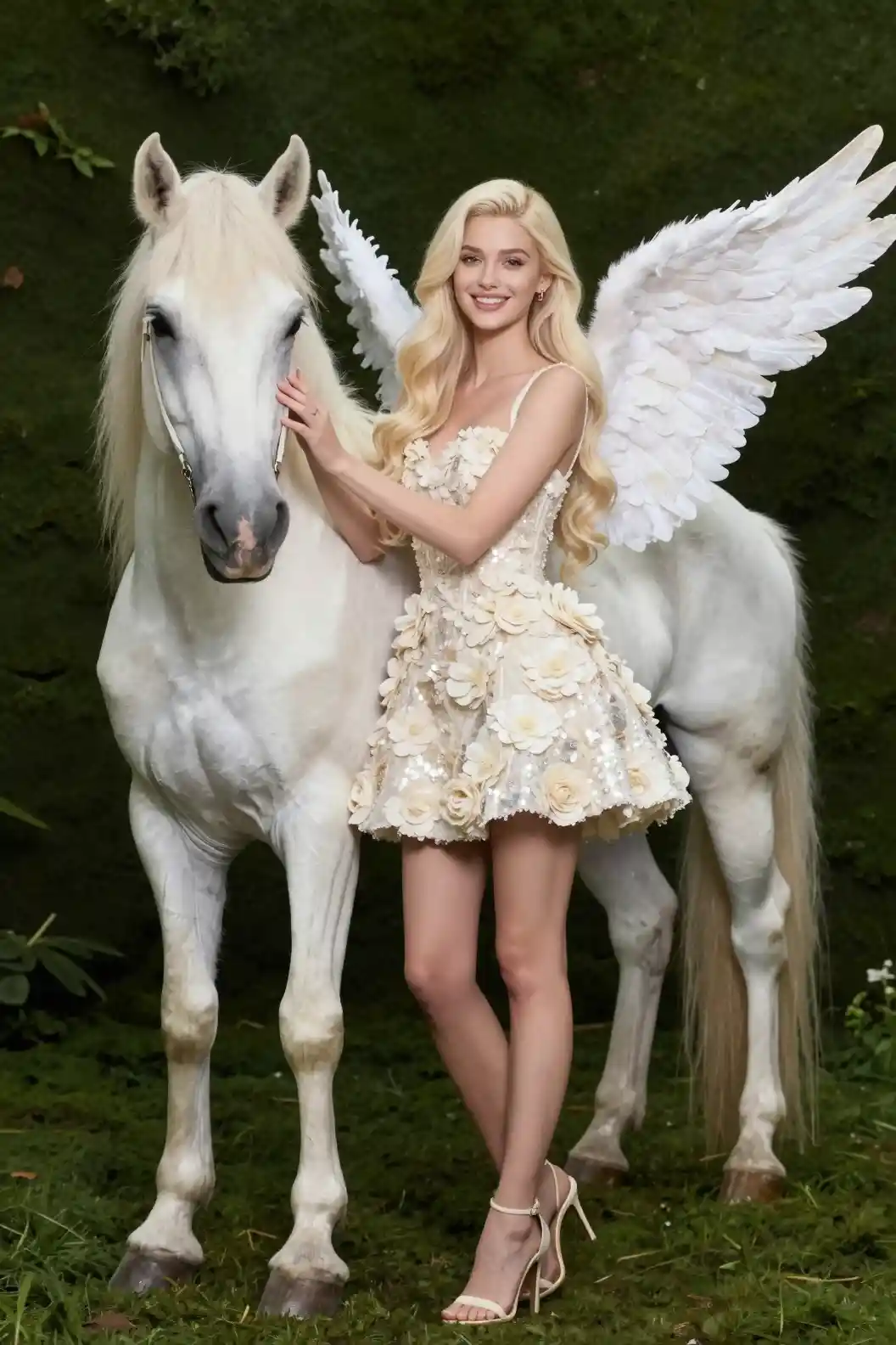 Elegant angelic girl with unicorn in studio portrait