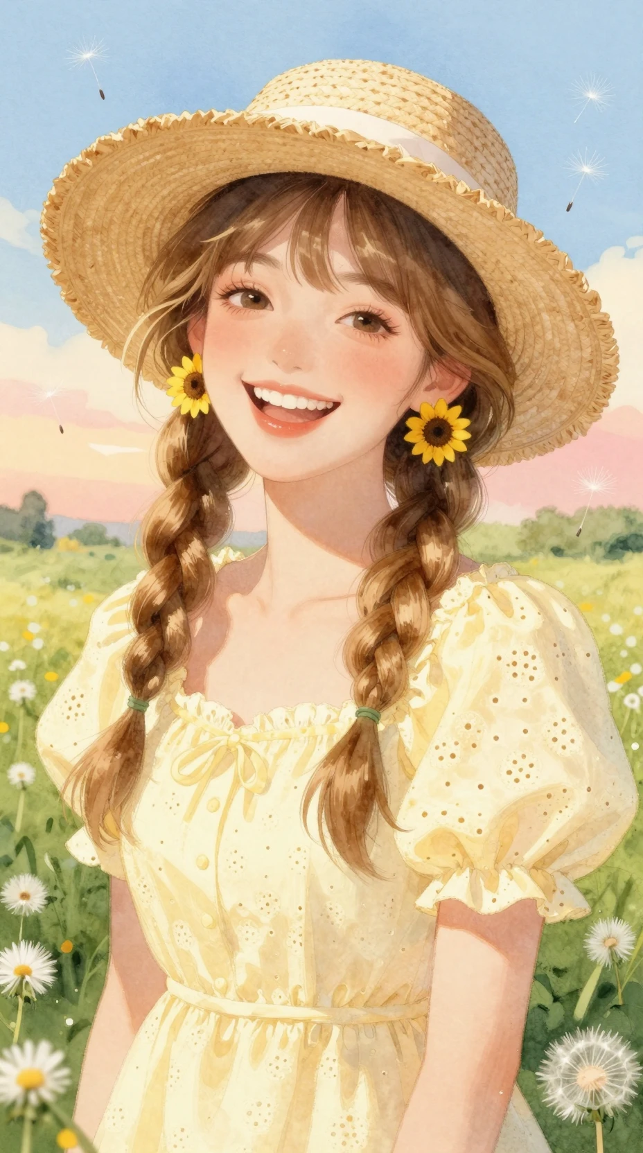 밀짚모자를 쓴 발랄한 소녀의 수채화 초원 초상화
