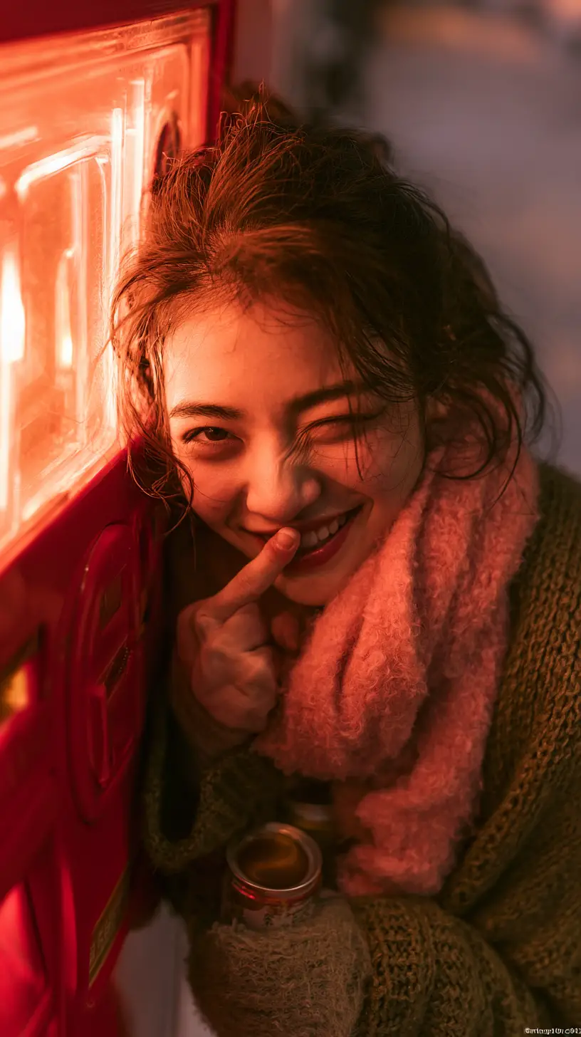 Jeune fille japonaise enjouée près d’un distributeur lumineux la nuit