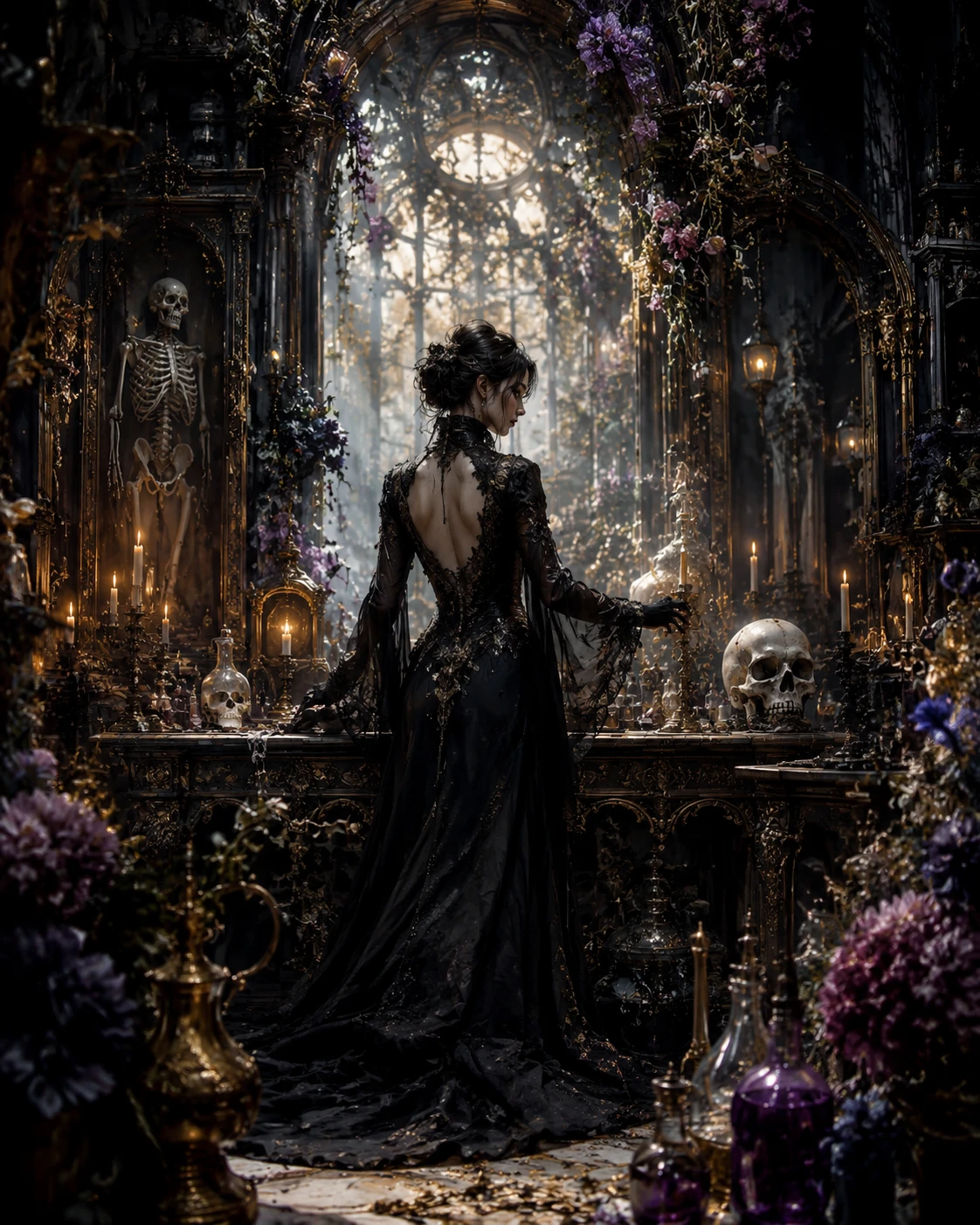 Mystical necromancy workshop with gothic baroque ornamentation