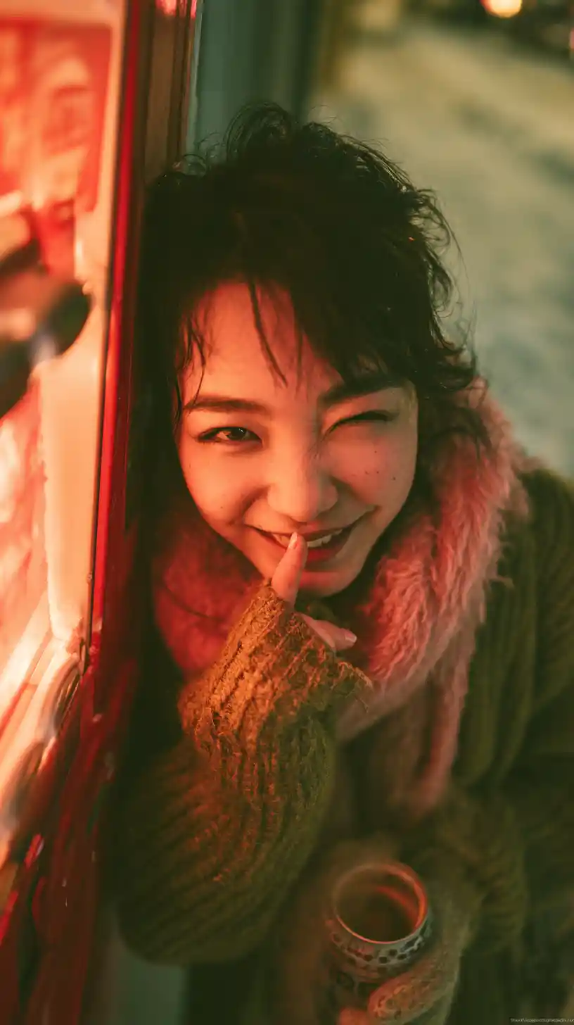 Playful girl by red vending machine on snowy night