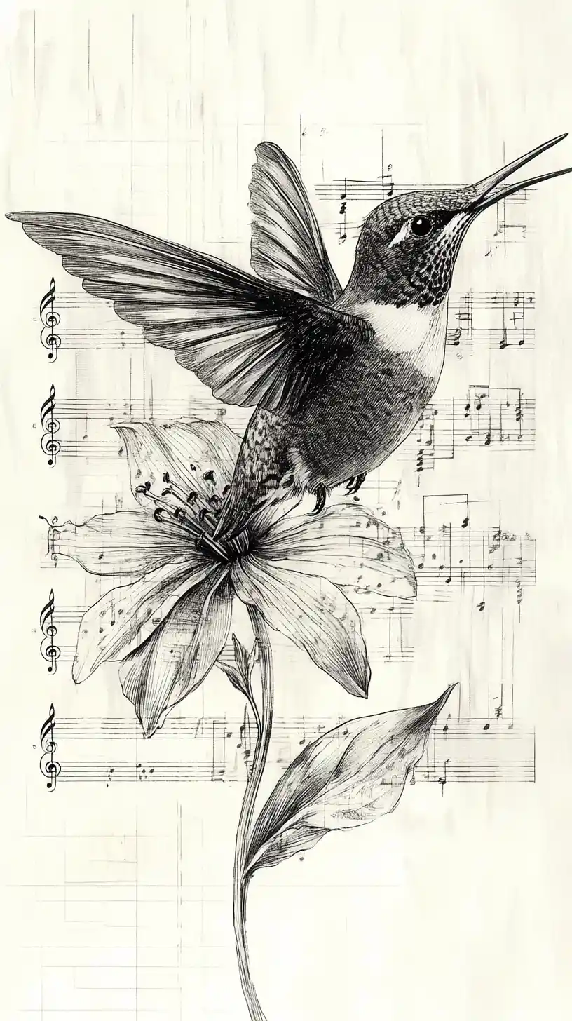 Colibrì con ali musicali in volo davanti a un fiore