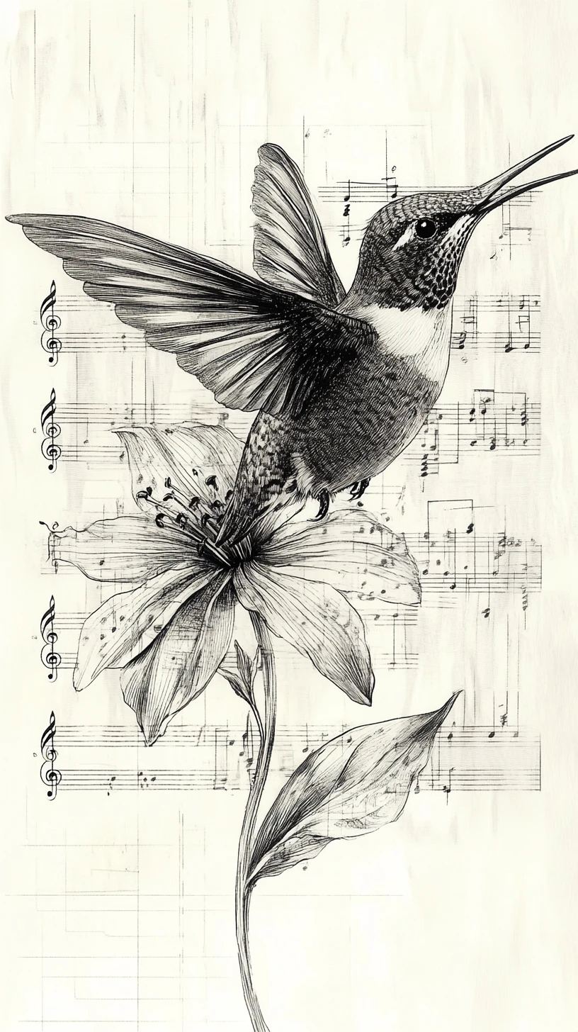 Beija-flor com asas musicais pairando diante de uma flor