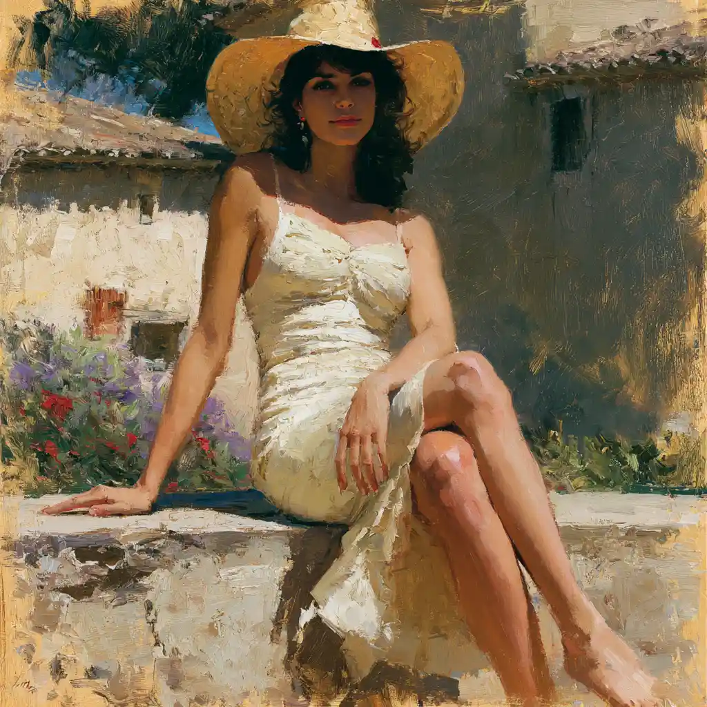 Elegante donna bruna in abito anni ’80 accanto a una casa colonica di campagna