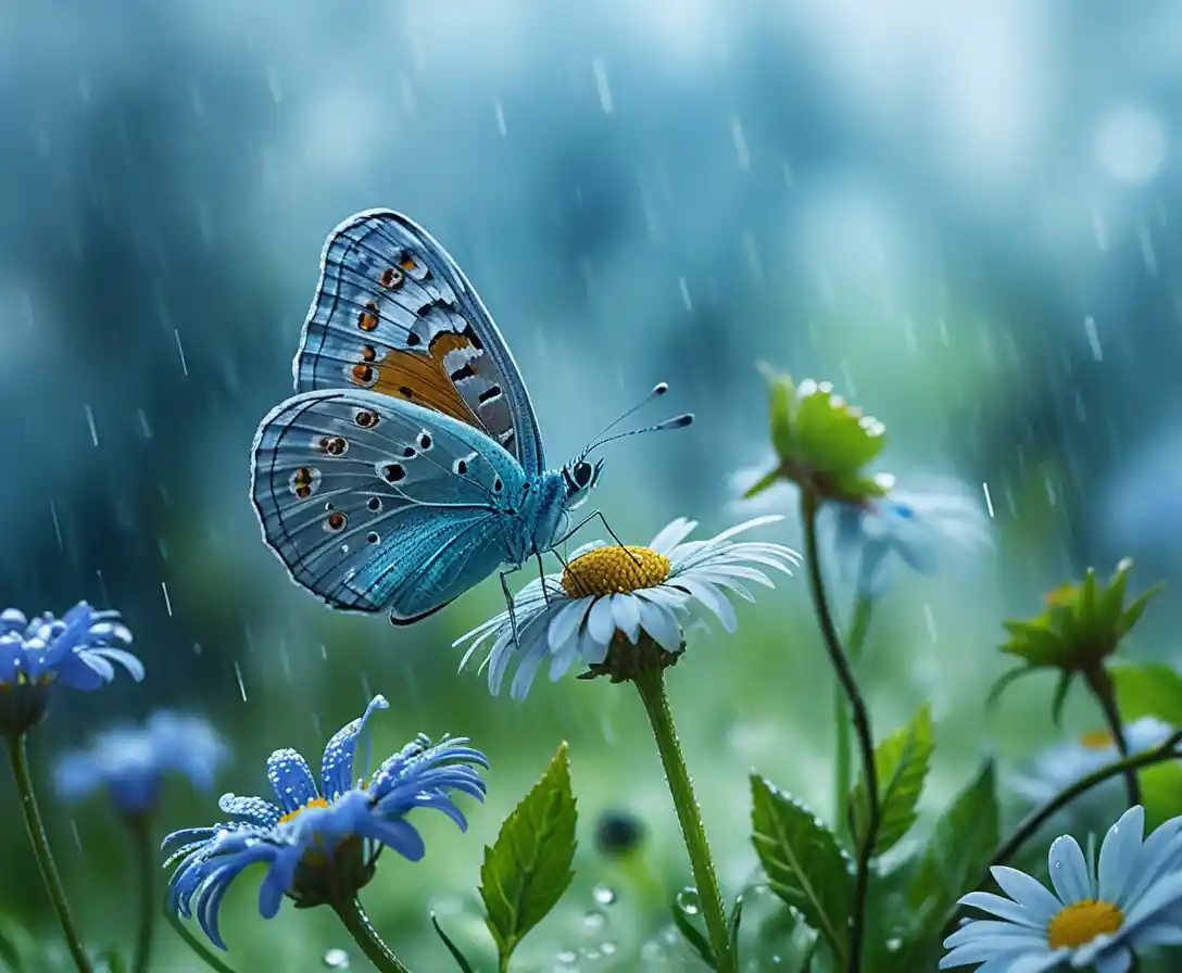 Blue butterfly resting among blooming daisies in rain