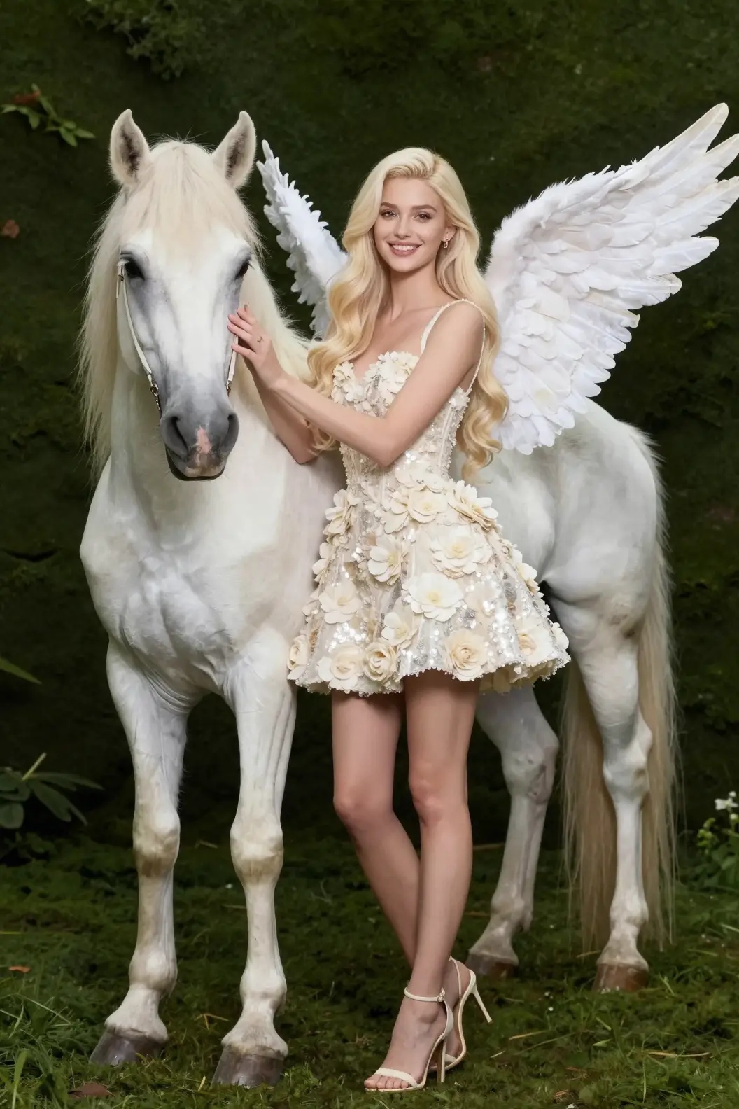 Elegant angelic girl with unicorn in studio portrait