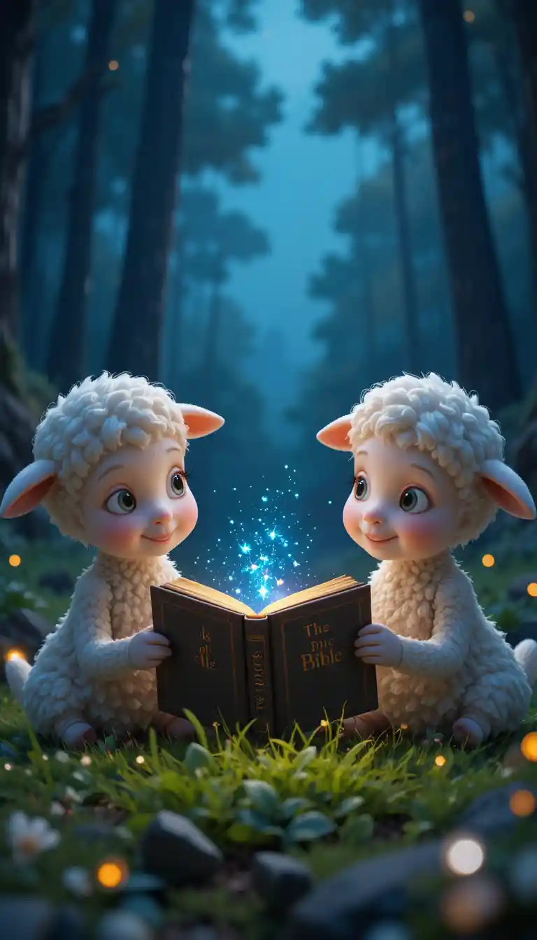 Two baby lambs reading a glowing book in a forest