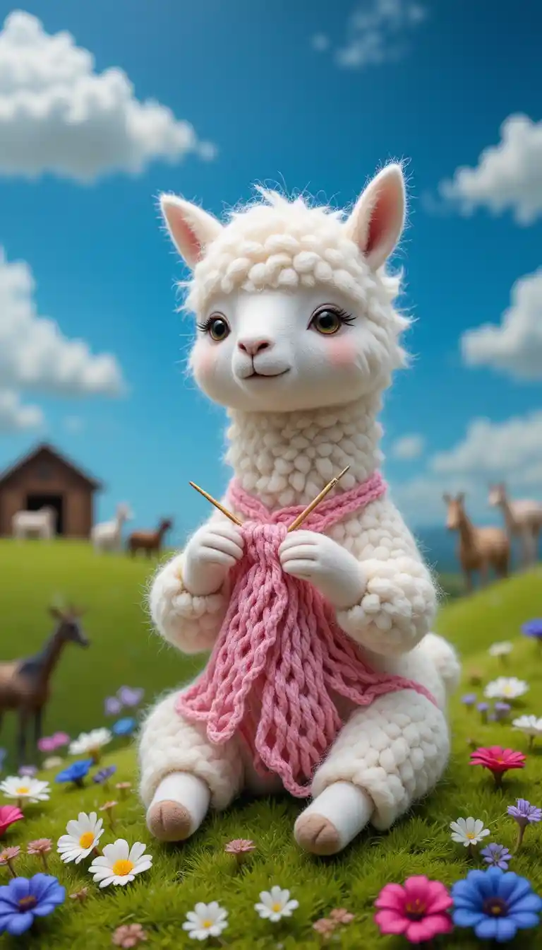 Cute White Llama Knitting In A Colorful Countryside