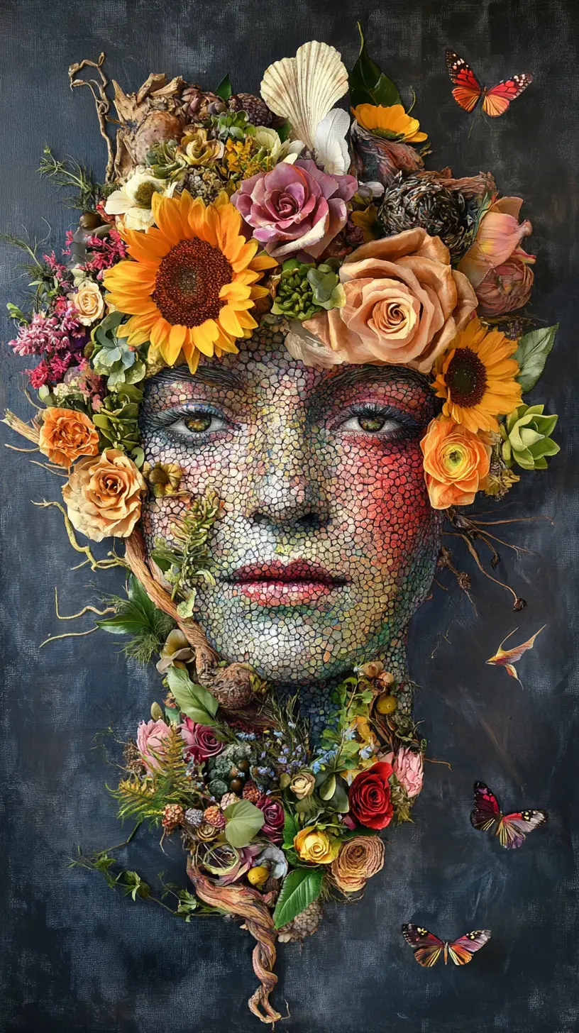 Surreal floral portrait built from fibonacci spirals and faces