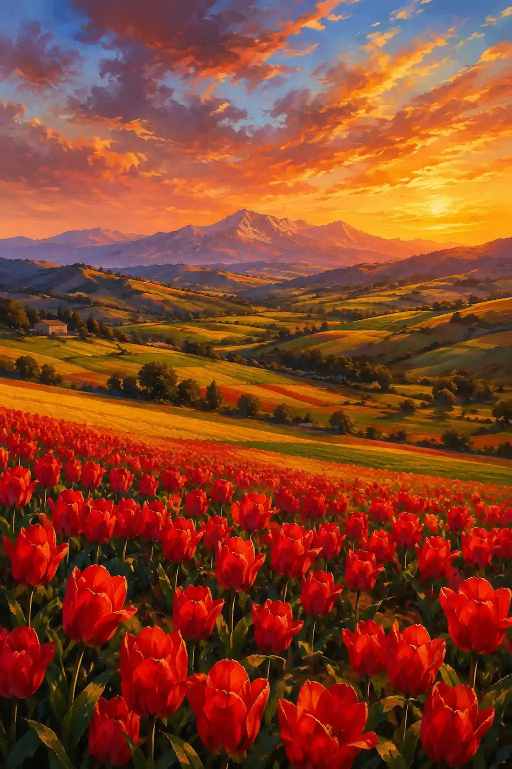 Expansive Red Tulip Fields And Distant Mountain Landscape
