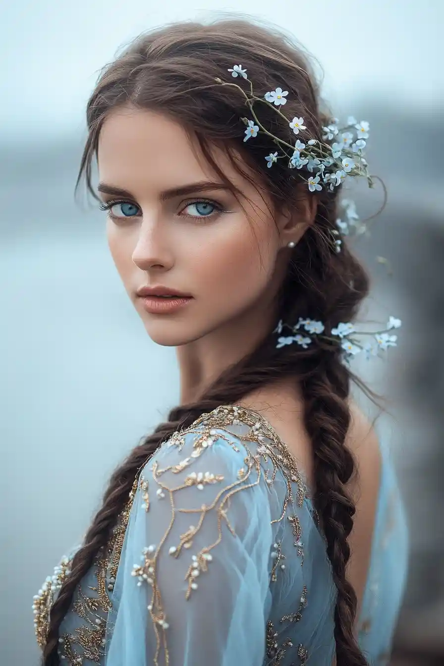 Ethereal woman in blue gown above a misty ocean