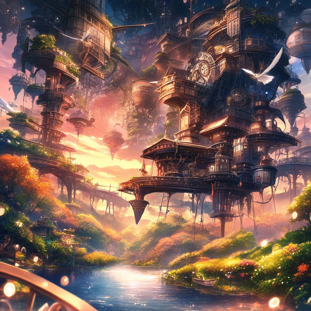 Whimsical steampunk city with airships at sunset