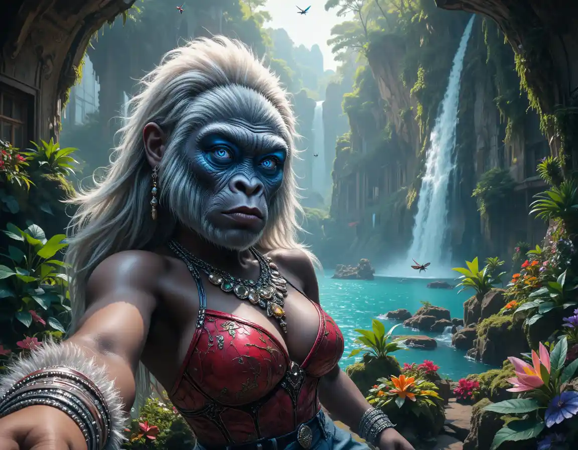 White gorilla overlooking waterfall in mystical jungle scene