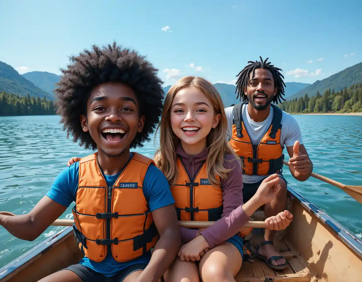 Family canoeing on a calm mountain lake in sunlight