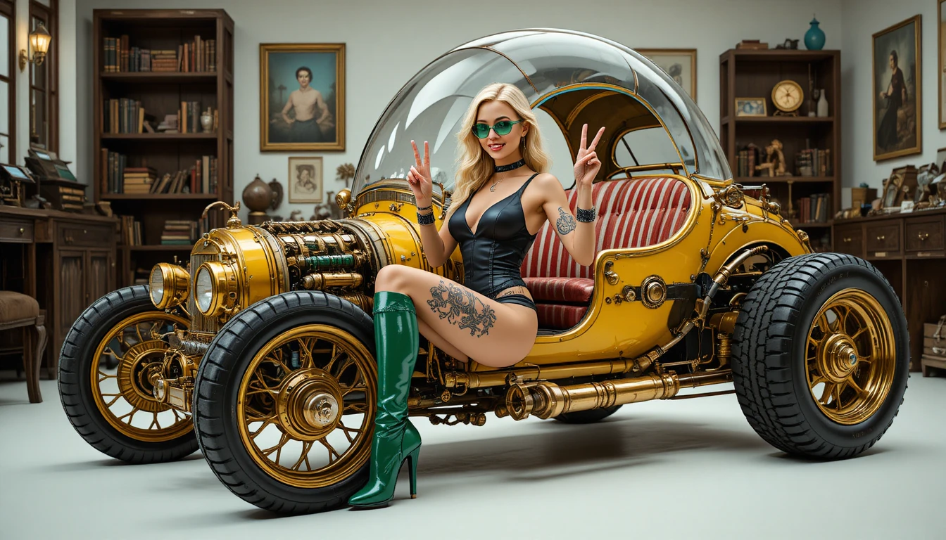 Blonde woman in swimsuit and green thigh high boots