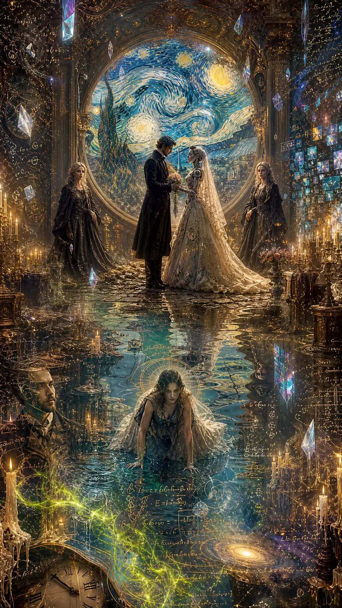Surreal twin sisters in a baroque hall with glowing portal