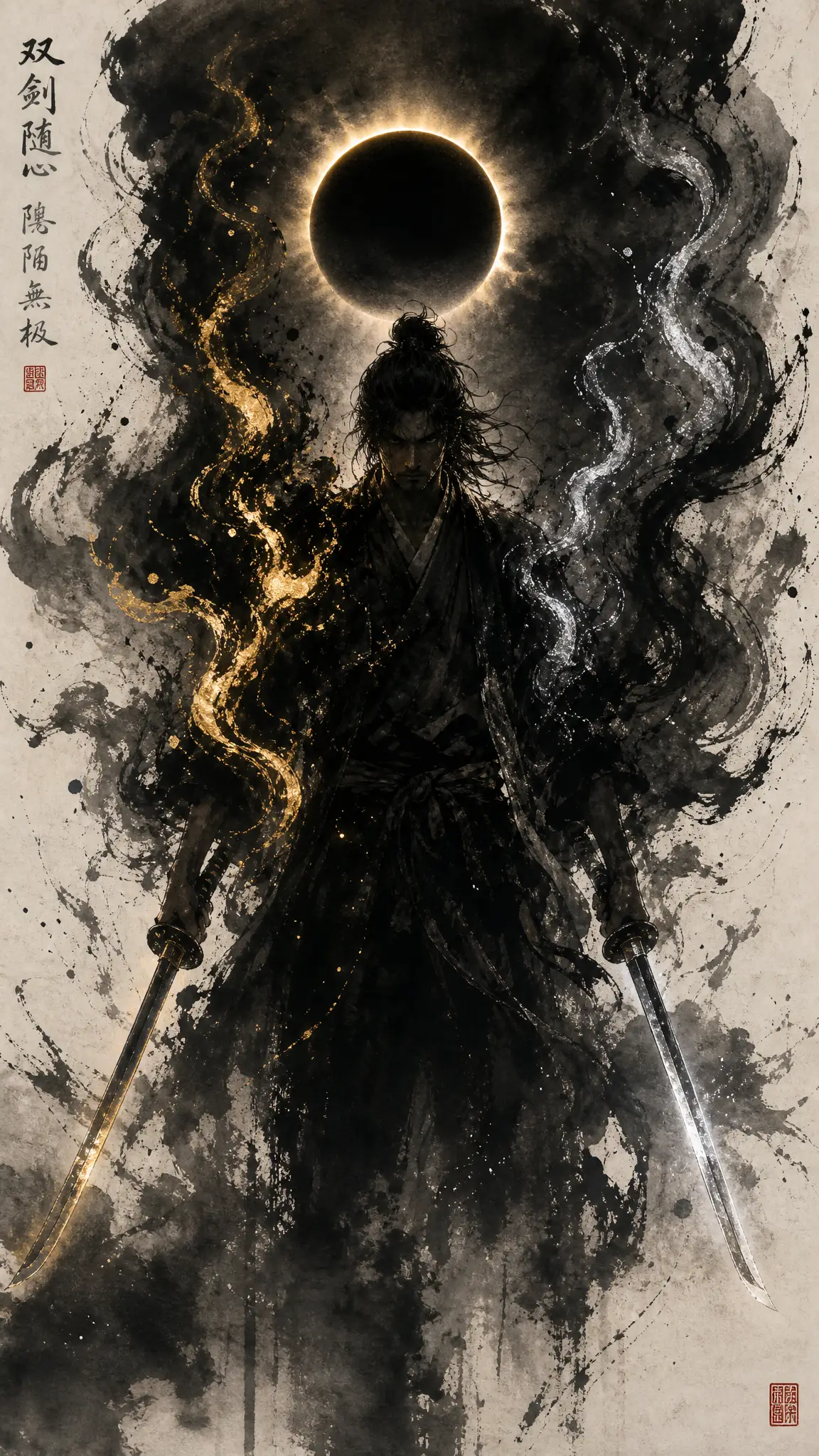 Guerrier sous une éclipse totale dans l’obscurité de l’encre sumi-e