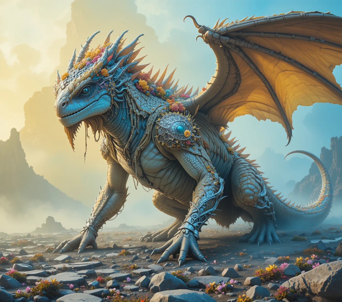 Drago wyvern mistico in armatura ornata tra nebbia pastello