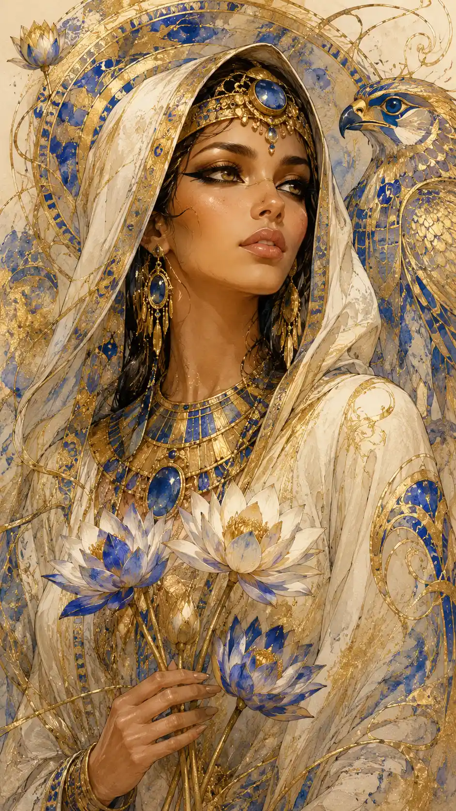 Egyptian royal lady with lotus flowers in soft close up