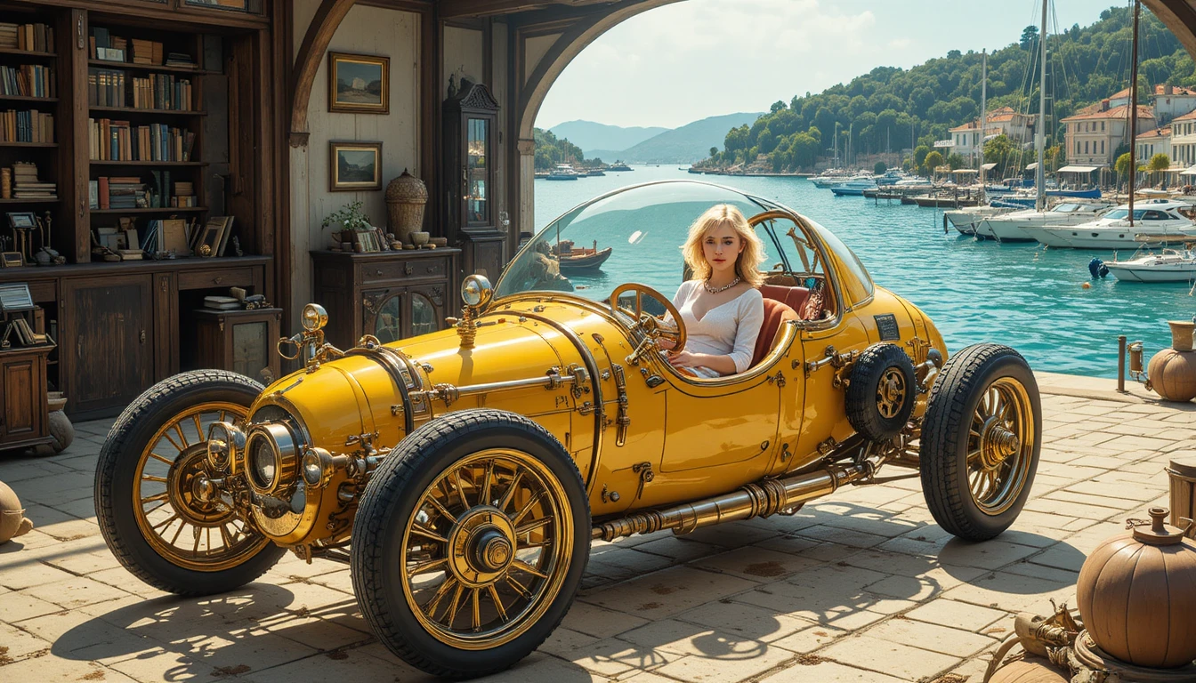 Carro amarelo steampunk em aconchegante oficina vintage