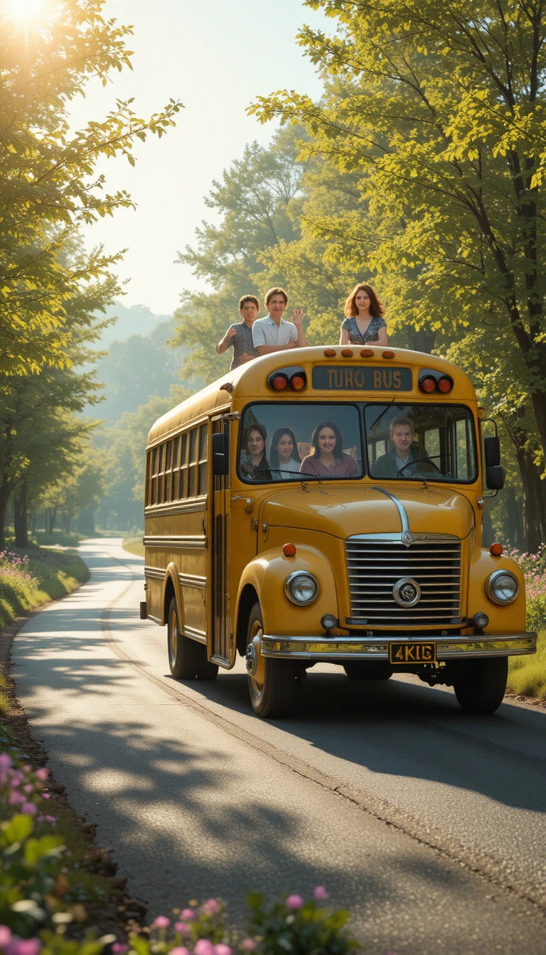 Bus scolaire jaune vintage sur une route de campagne ensoleillée