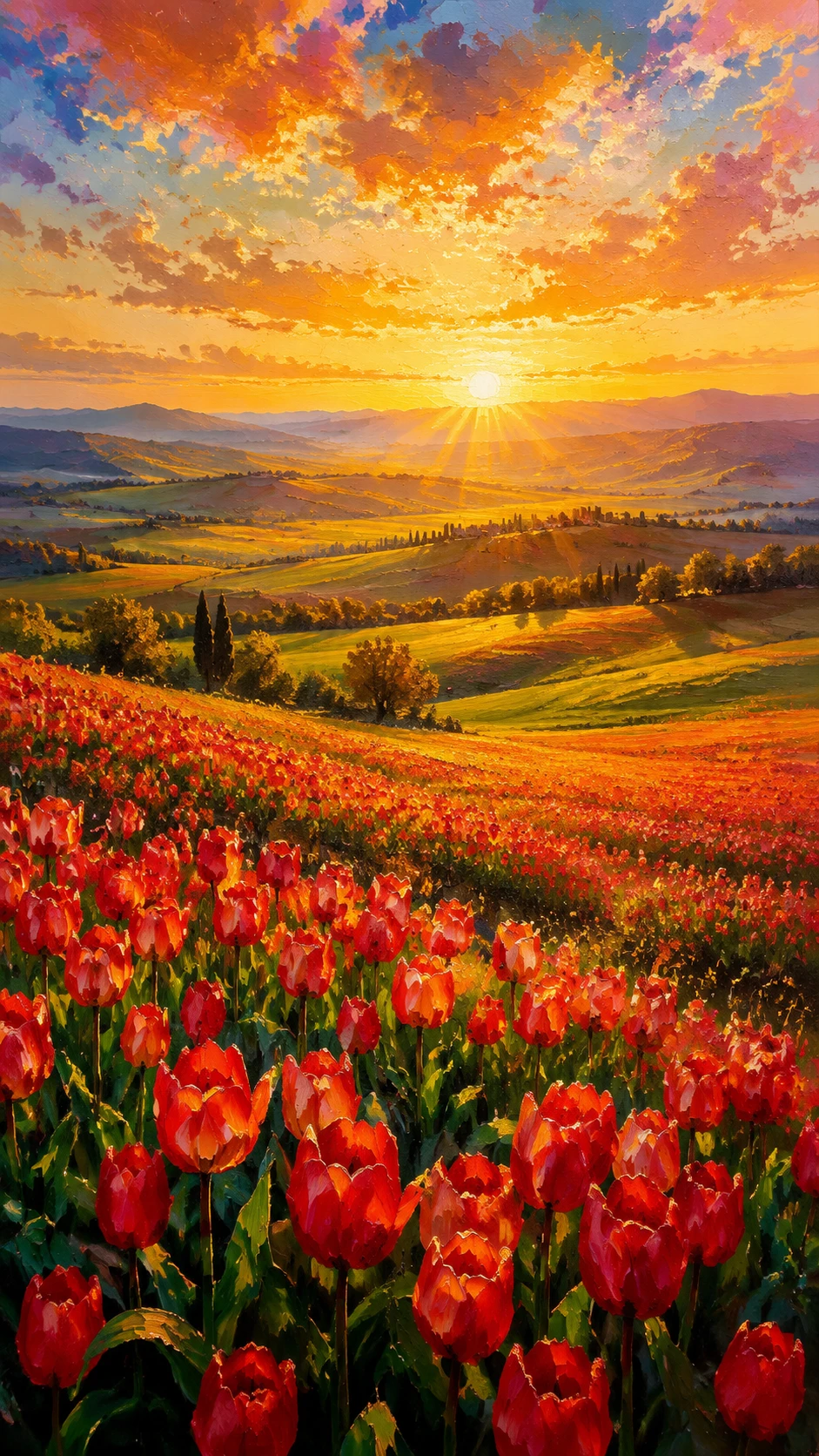 Vaste champ de tulipes sur des collines ondulées et des montagnes