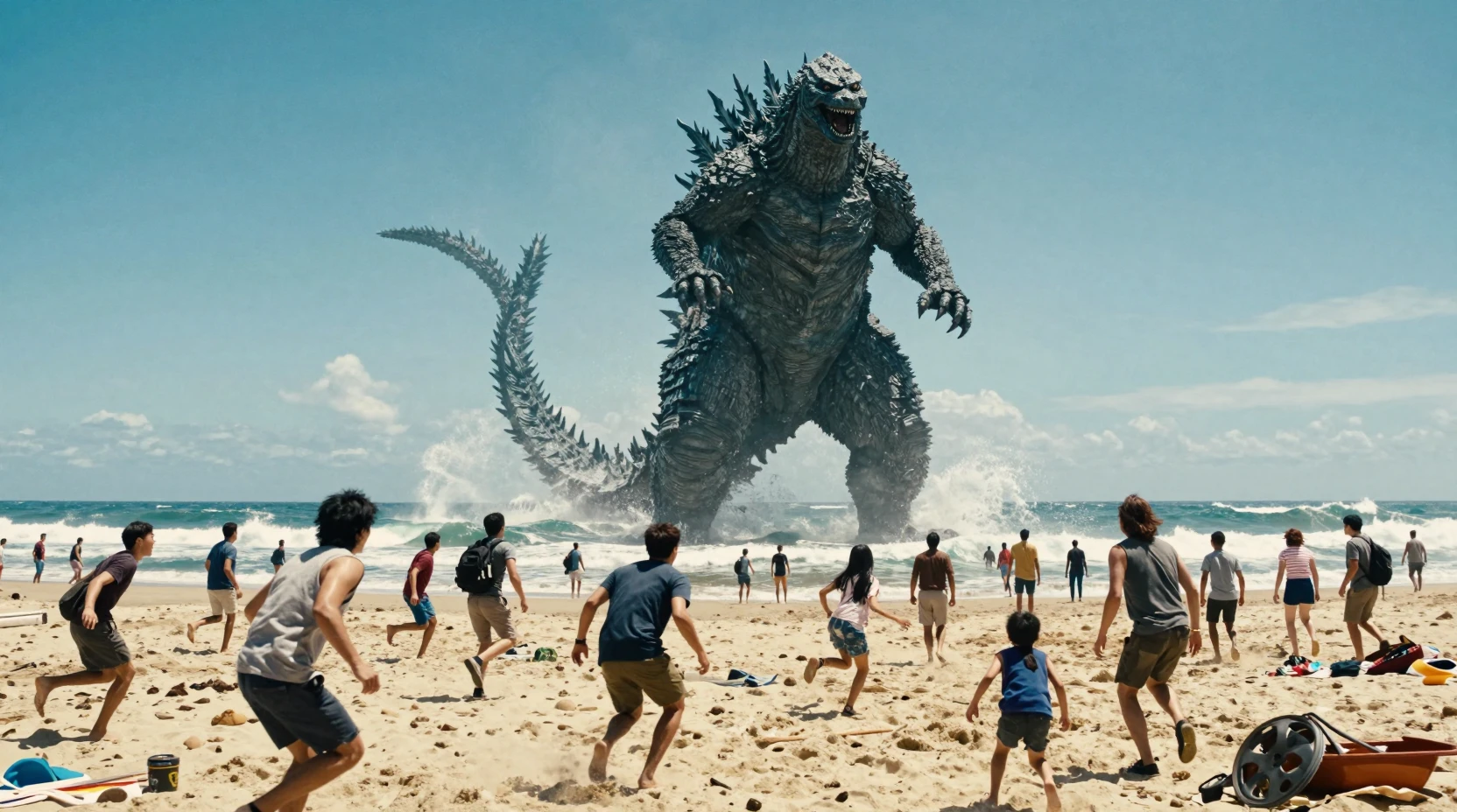Monstro marinho gigante domina praia lotada em pânico