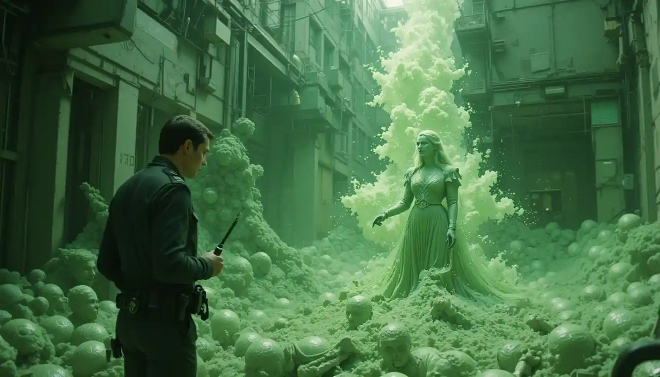 Dystopian future city with a lone investigating man