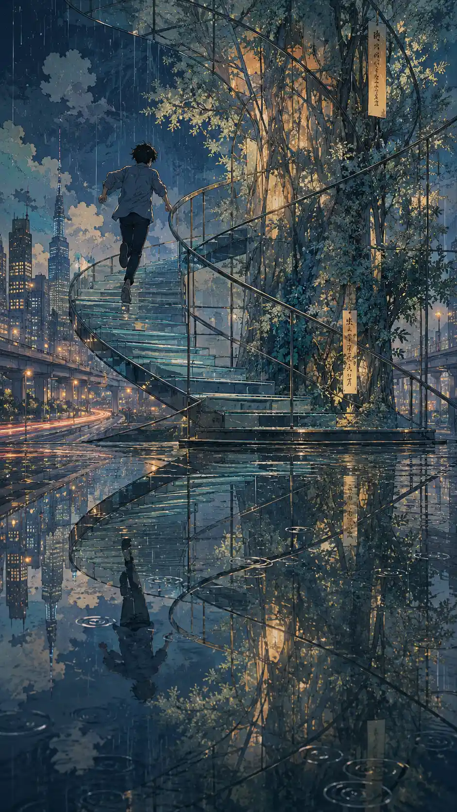 Anime boy running down futuristic staircase in rainy city