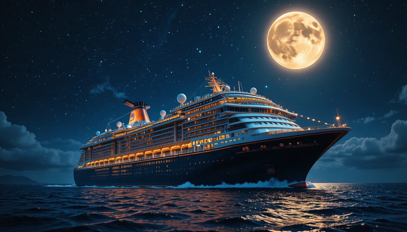 Cruise ship sailing at night under a bright full moon