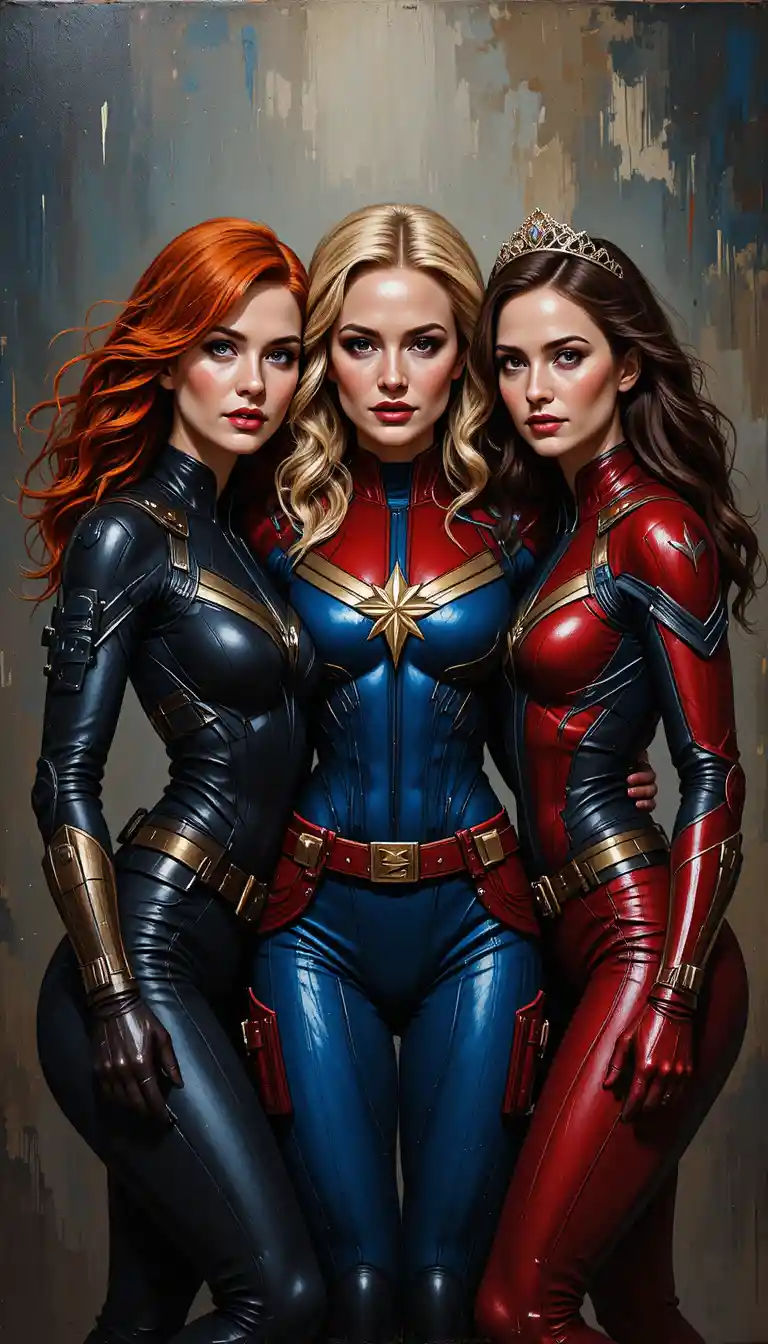 Three heroic women in a dramatic oil painting portrait