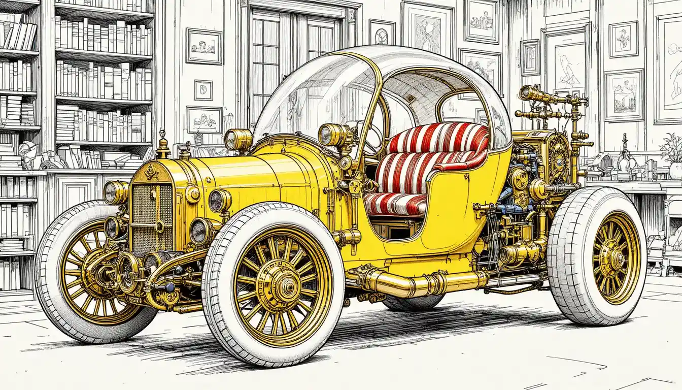 Auto Gialla Steampunk in una Accogliente Officina Vintage