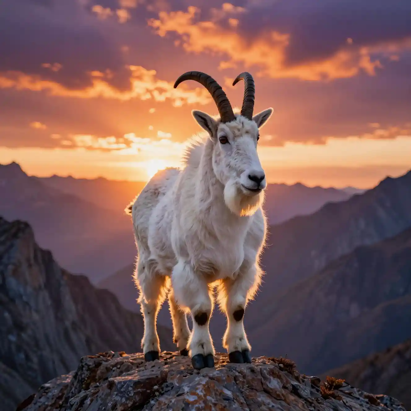 Stambecco su una stretta scogliera al tramonto drammatico