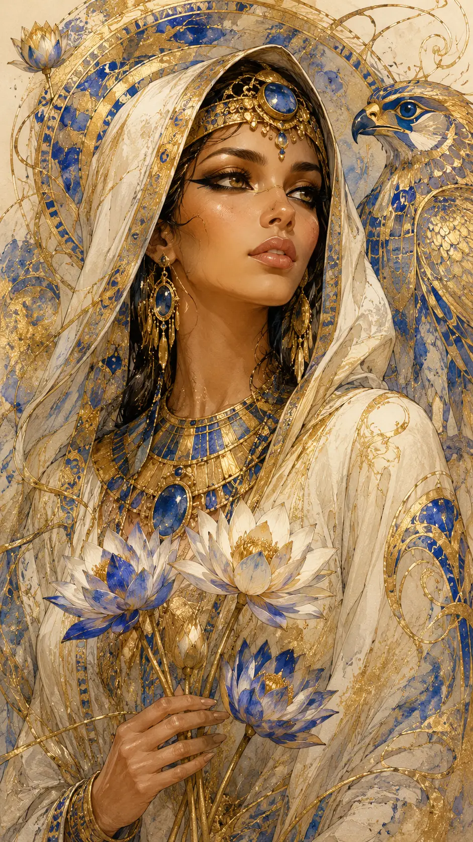 Egyptian royal lady with lotus flowers in soft close up