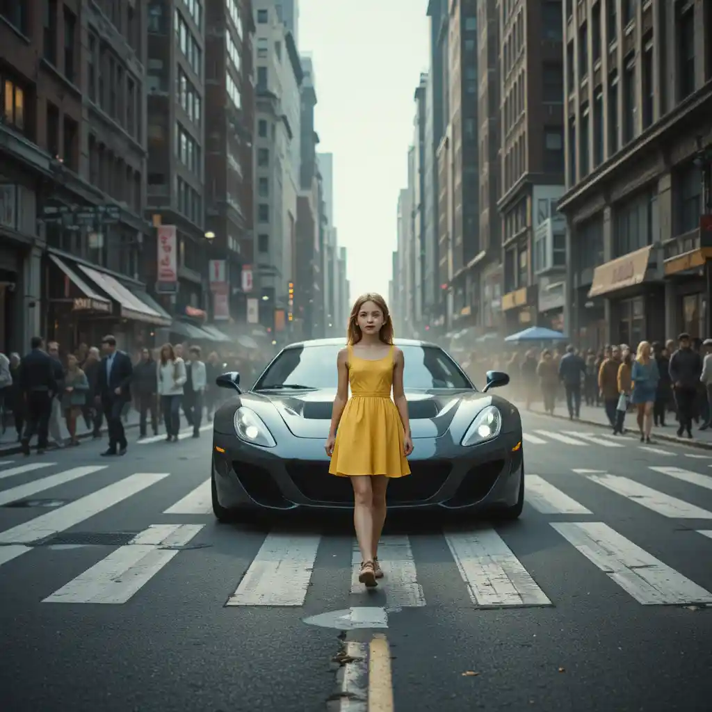Young girl crossing a busy new york city street