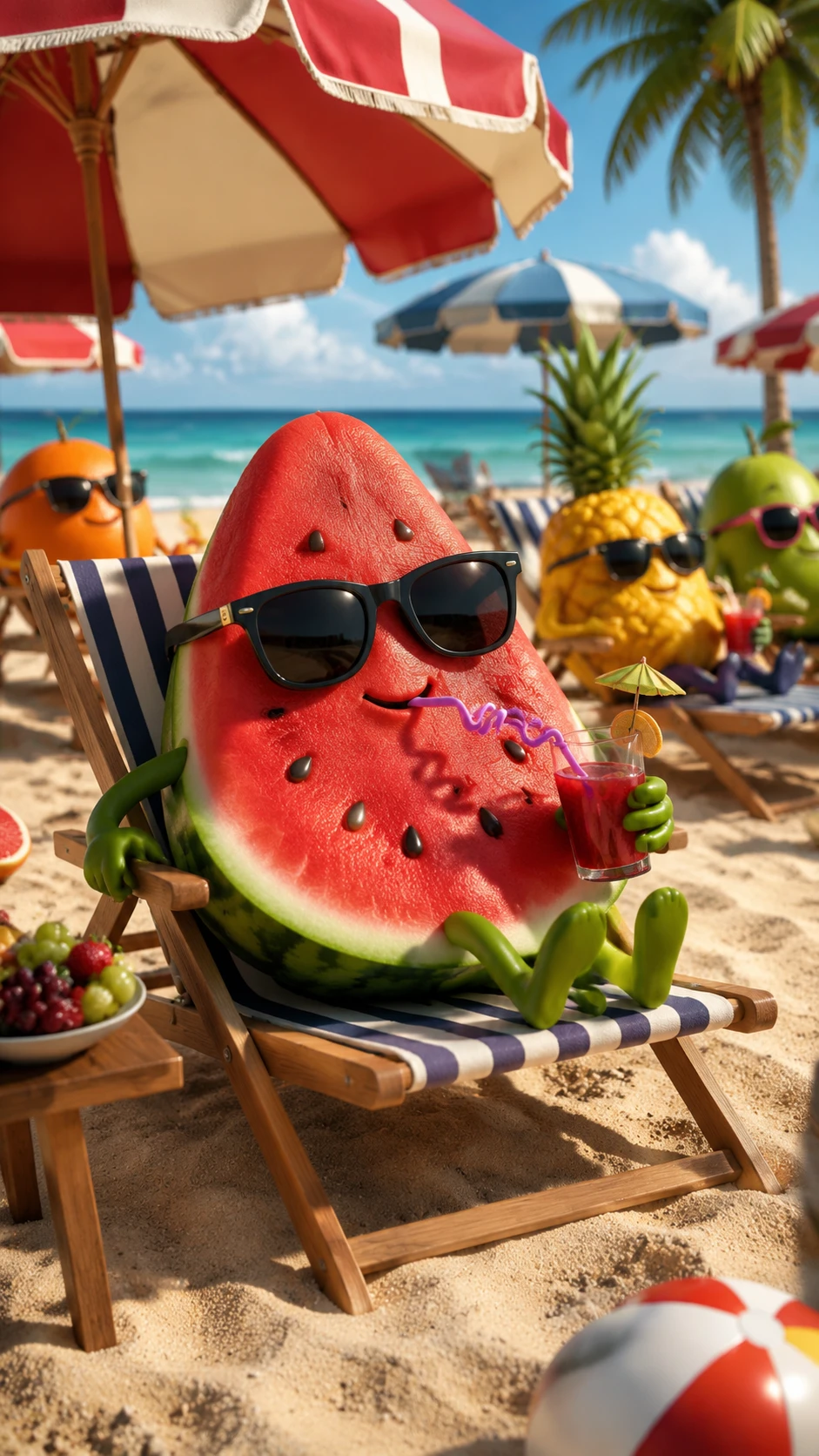 Personagem de melancia relaxando em uma praia ensolarada