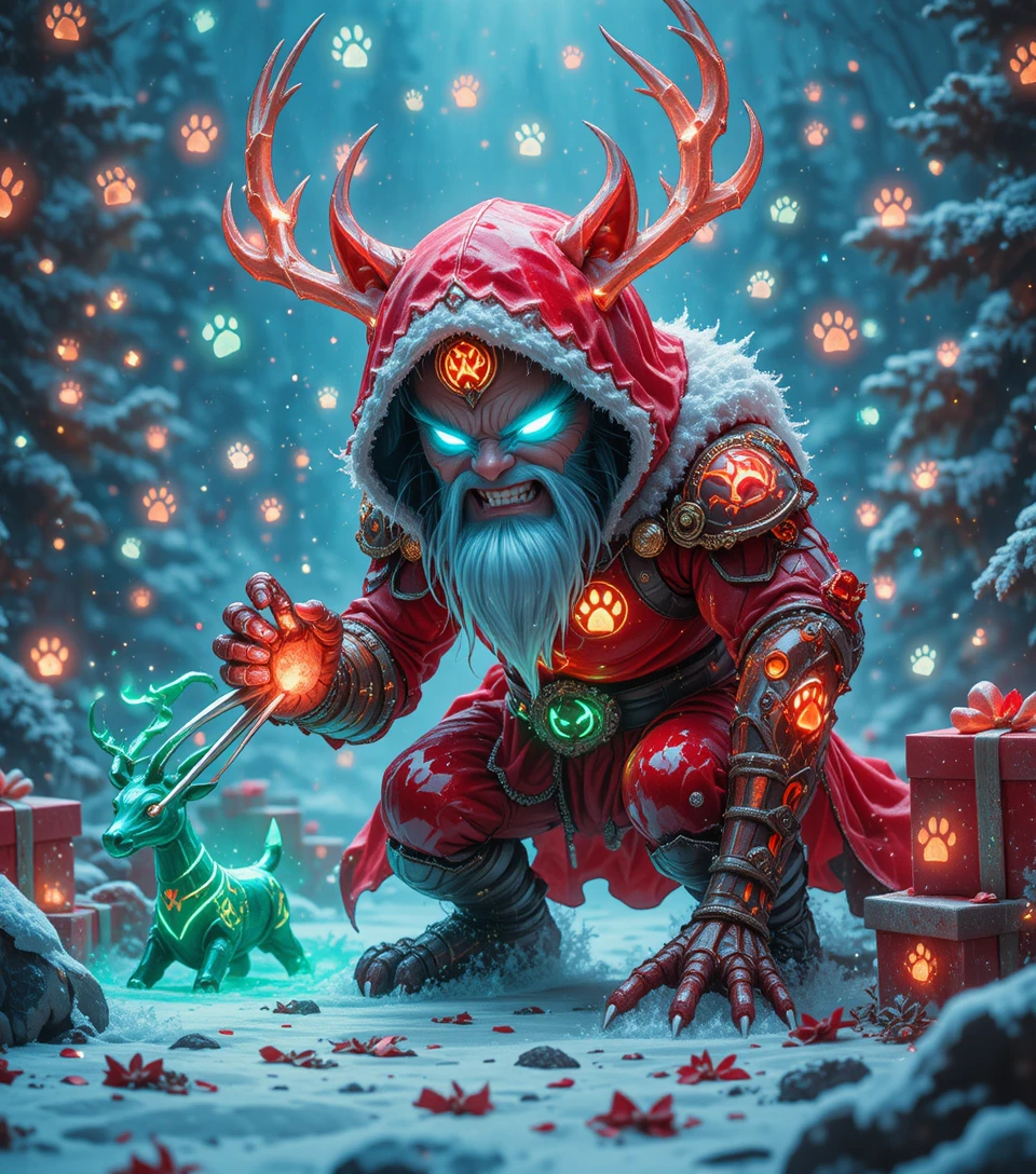 Crystal tabby cat warrior in rune covered santa armor