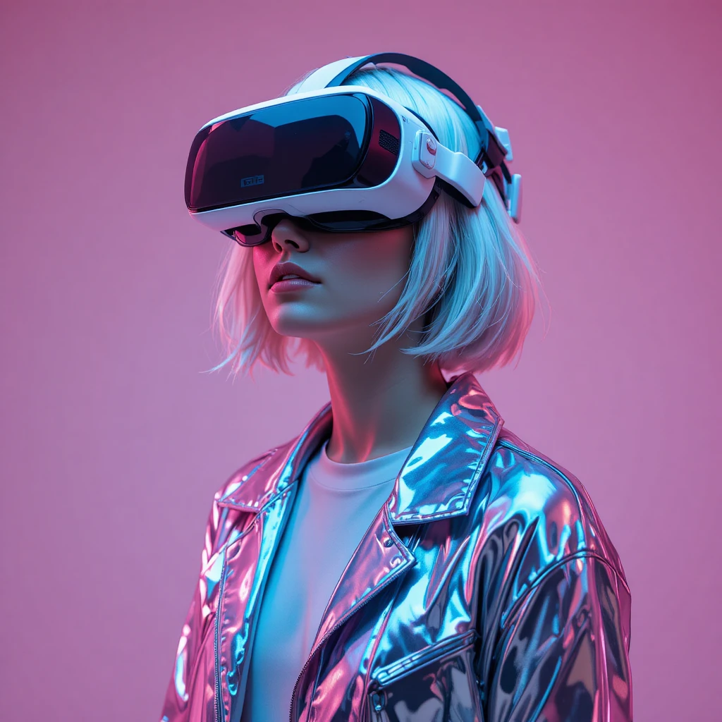 Futuristische Frau mit VR-Headset im Neon-Studio-Licht