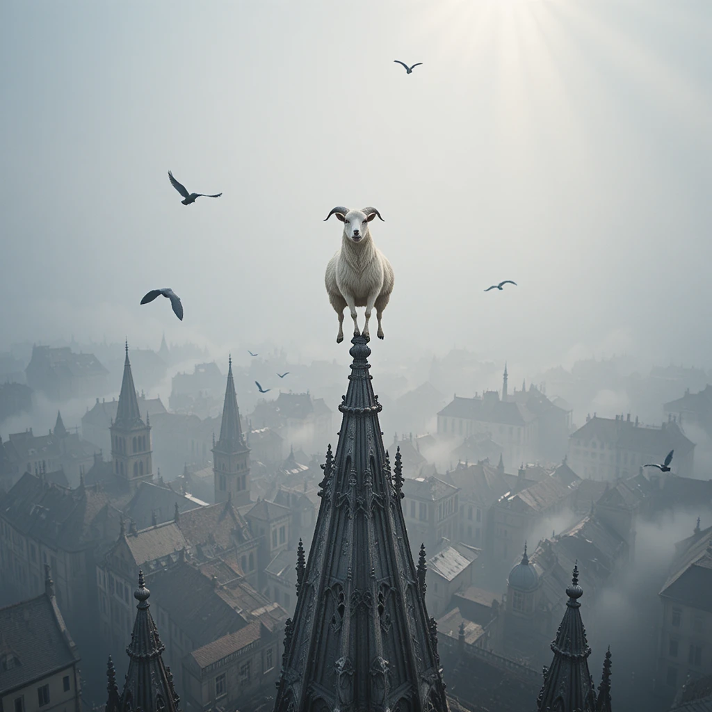 Cabra branca se equilibrando na torre de catedral gótica ao amanhecer