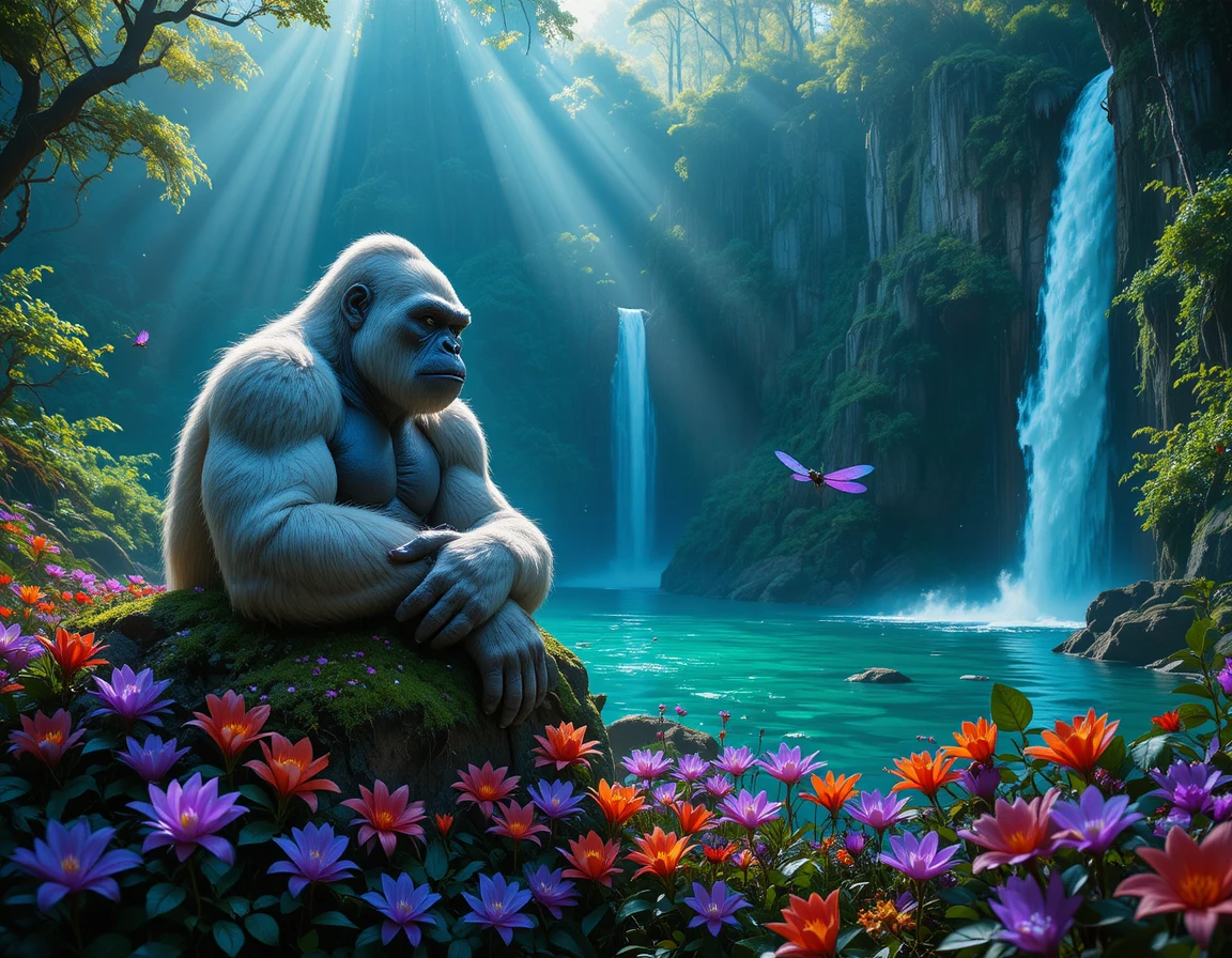 Majestätischer weißer Gorilla in mystischer Dschungel-Wasserfallszene