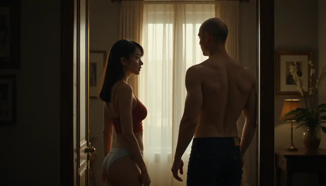 Cinematic scene of woman and man in dim interior