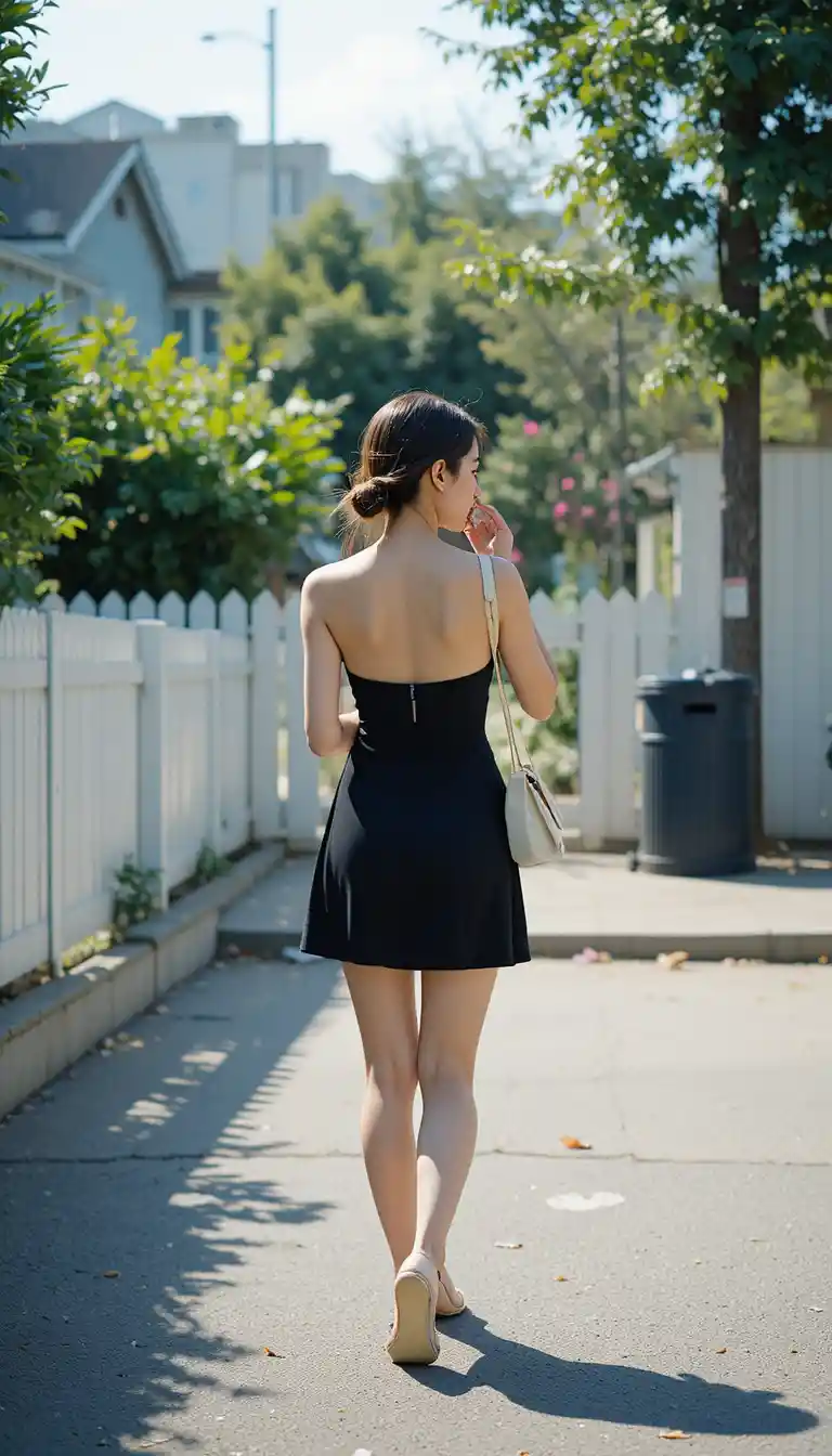 Young woman walking down a bright urban street