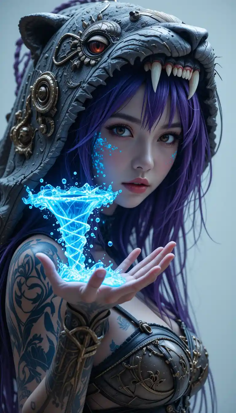 Purple haired warrior woman with jaguar headdress and vortex