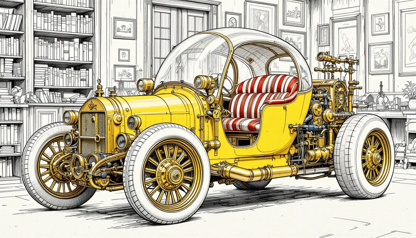 Carro Amarelo Steampunk em uma Oficina Vintage Aconchegante